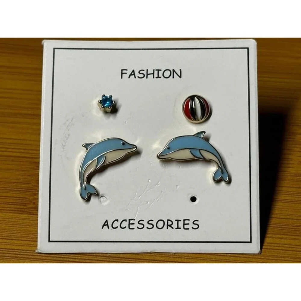 Dolphin Beach Ball Rhinestone Enamel Stud Earrings Set of 3 Pairs Cute NWT New